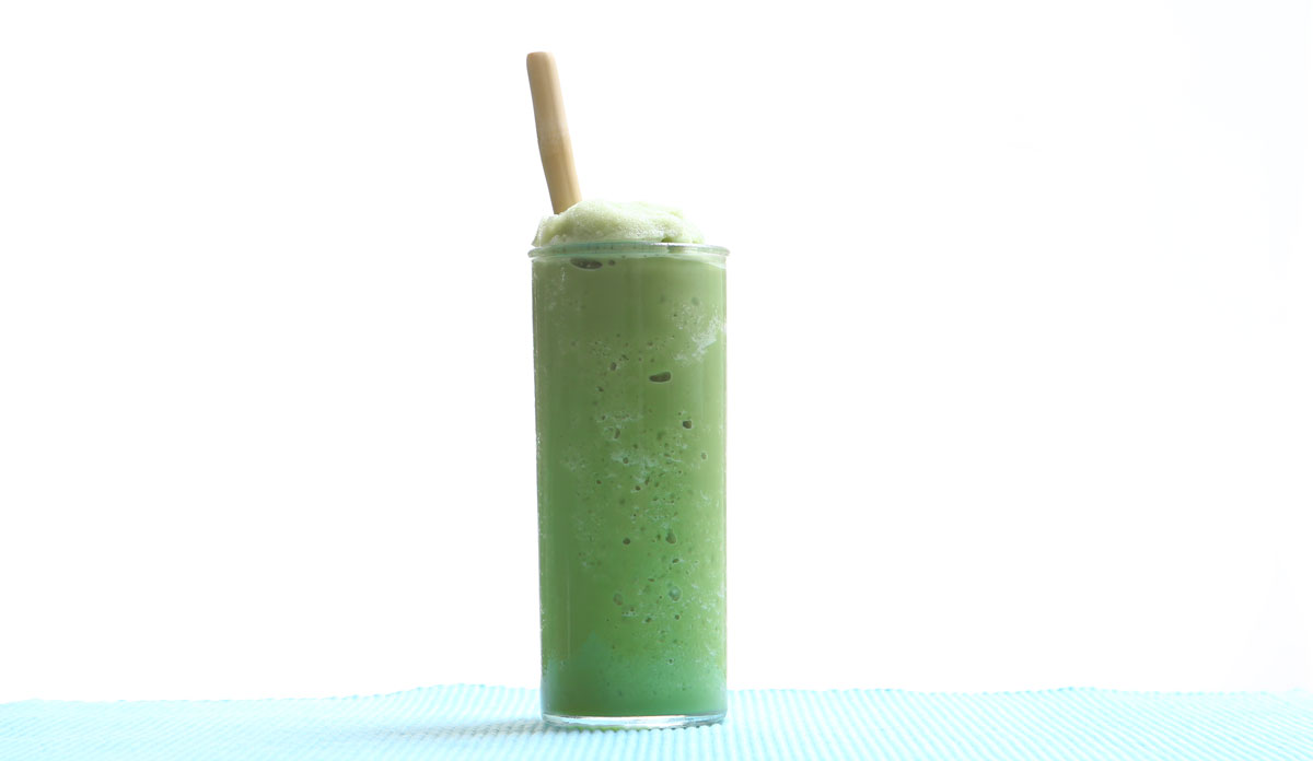 Matcha Frappé: Fill a sixteen ounce glass to the top with ice and then fill it with your favorite milk (both dairy and non-dairy work well). Pour into a blender. Add two tablespoons of Aiya Matcha Zen Cafe Blend (or two Matcha Zen Cafe Blend Sticks), and blend until smooth. (Recipe courtesy Aiya America.)